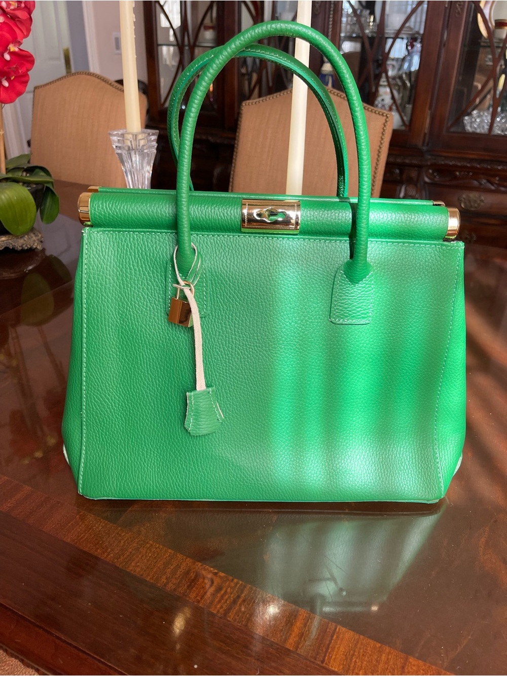 Structured Green Leather Top-Handle Women’s Bag